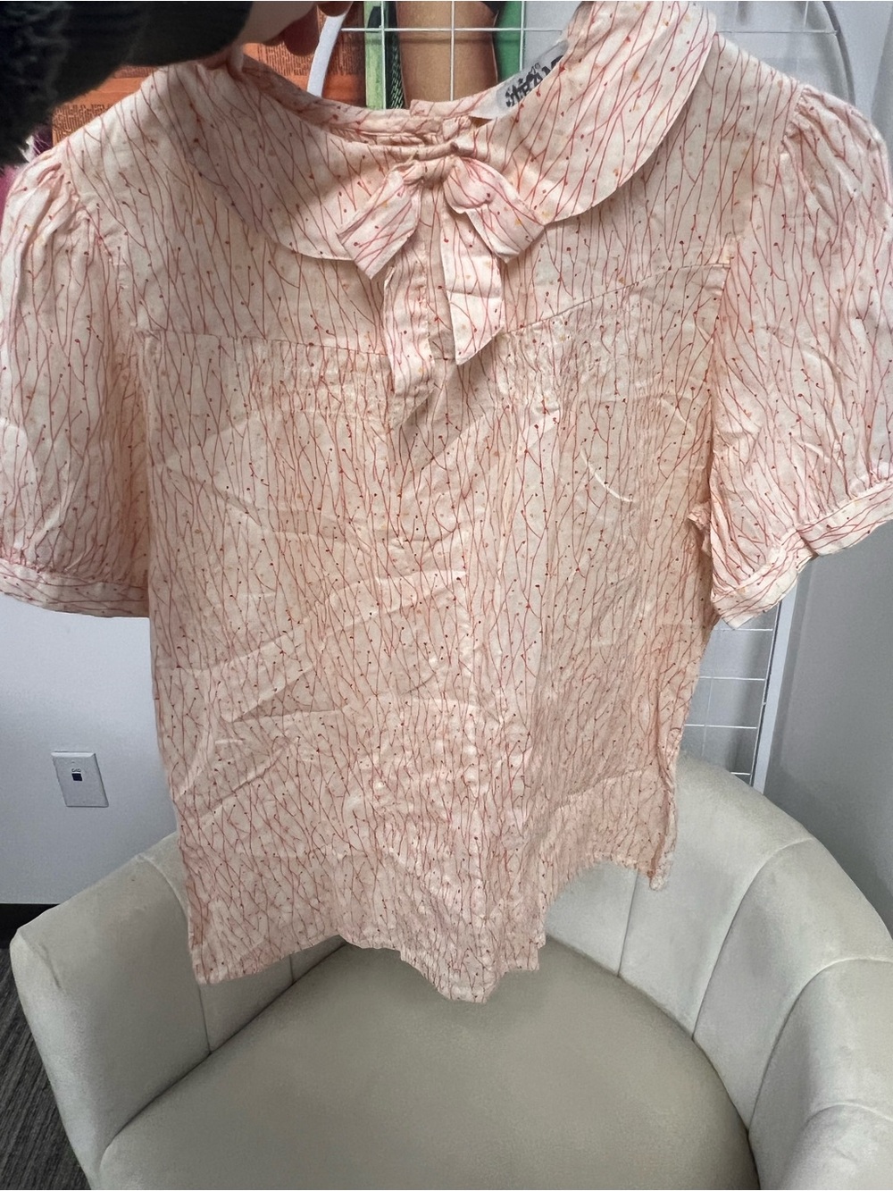 Vintage Tramp Peach-Pink Bow Neck Short Sleeve Blouse